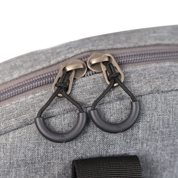 Close-up of durable zipper pulls on the Premium HCT case included with the YULA Handpan 14-Note F# Pygmy, designed for secure closure and travel protection.