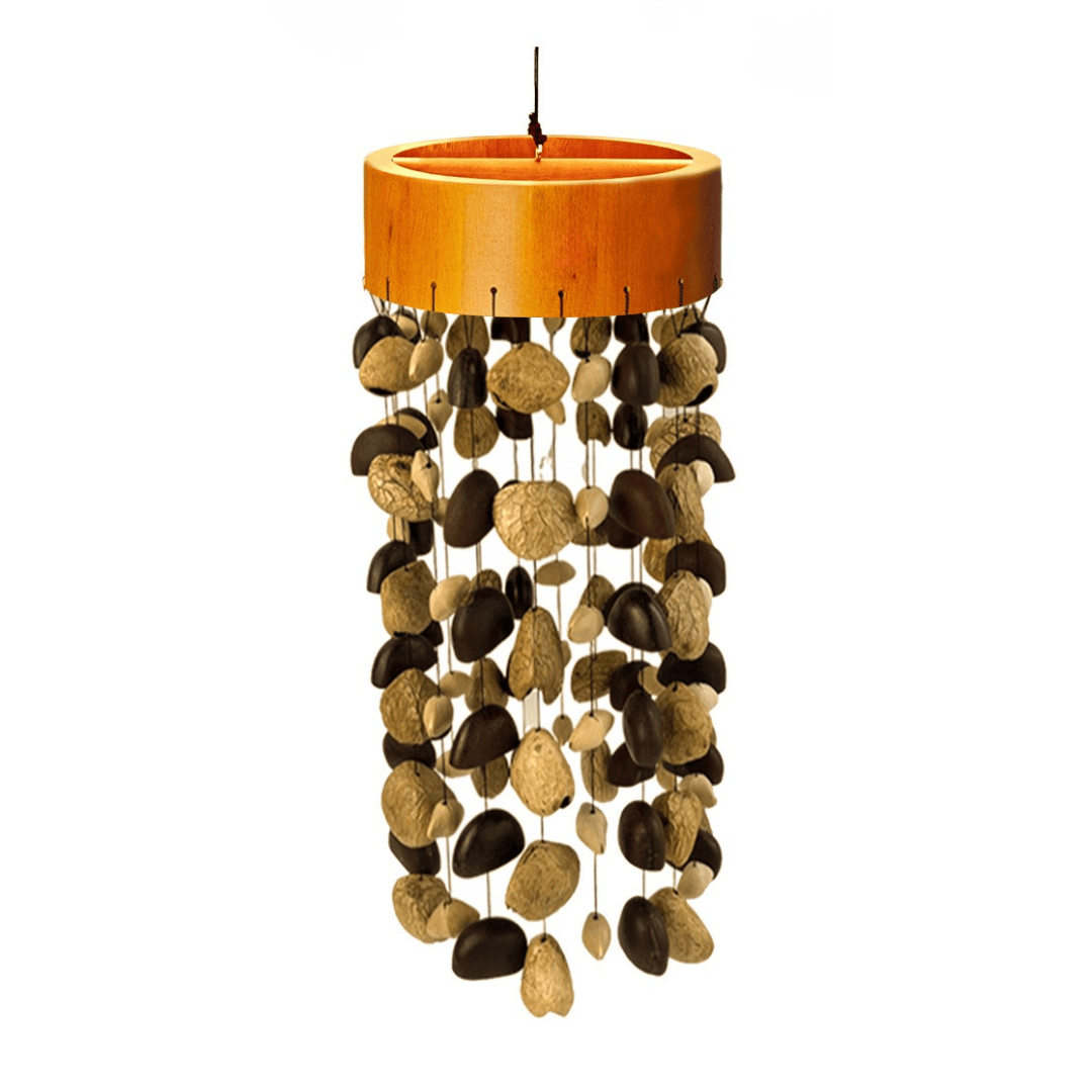 Triple Seed Pod Wind Chime Forest Halo with circular wooden ring and cascading natural seed pods.