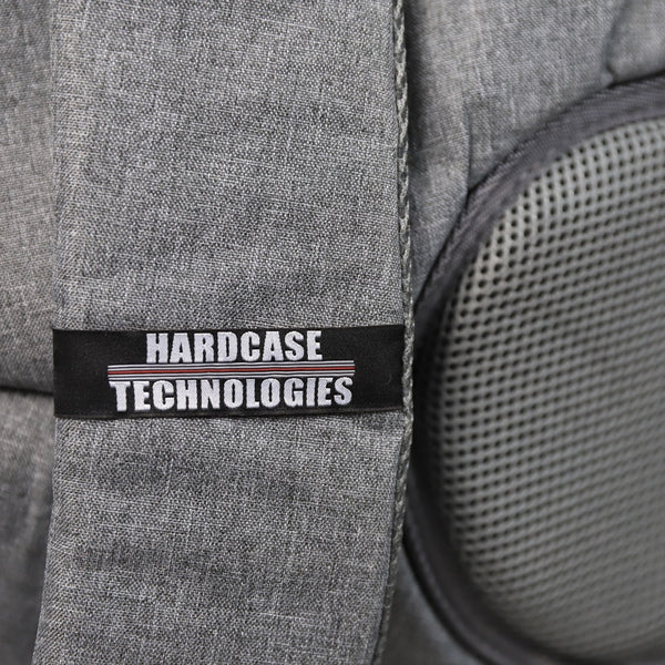 Close-up of the Premium HCT case strap with Hardcase Technologies branding, included with the YULA Handpan 14-Note F# Pygmy for durability and secure transport.