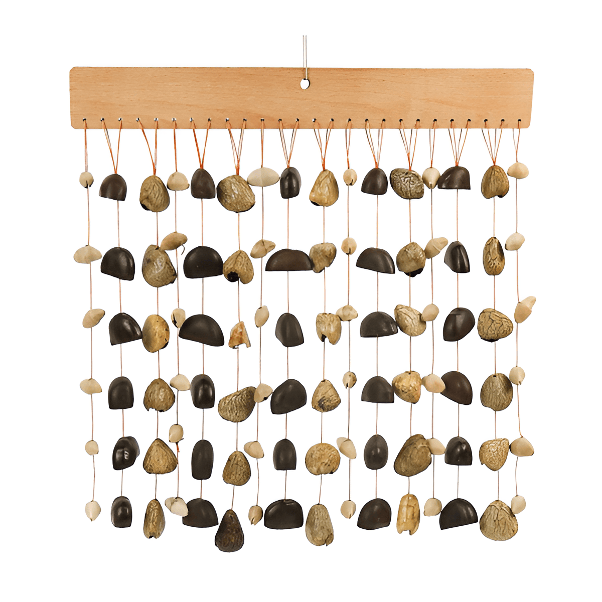 Triple Seed Pod Wind Chimes handmade in Indonesia featuring Chacha, Juju, and Panji seed pods.