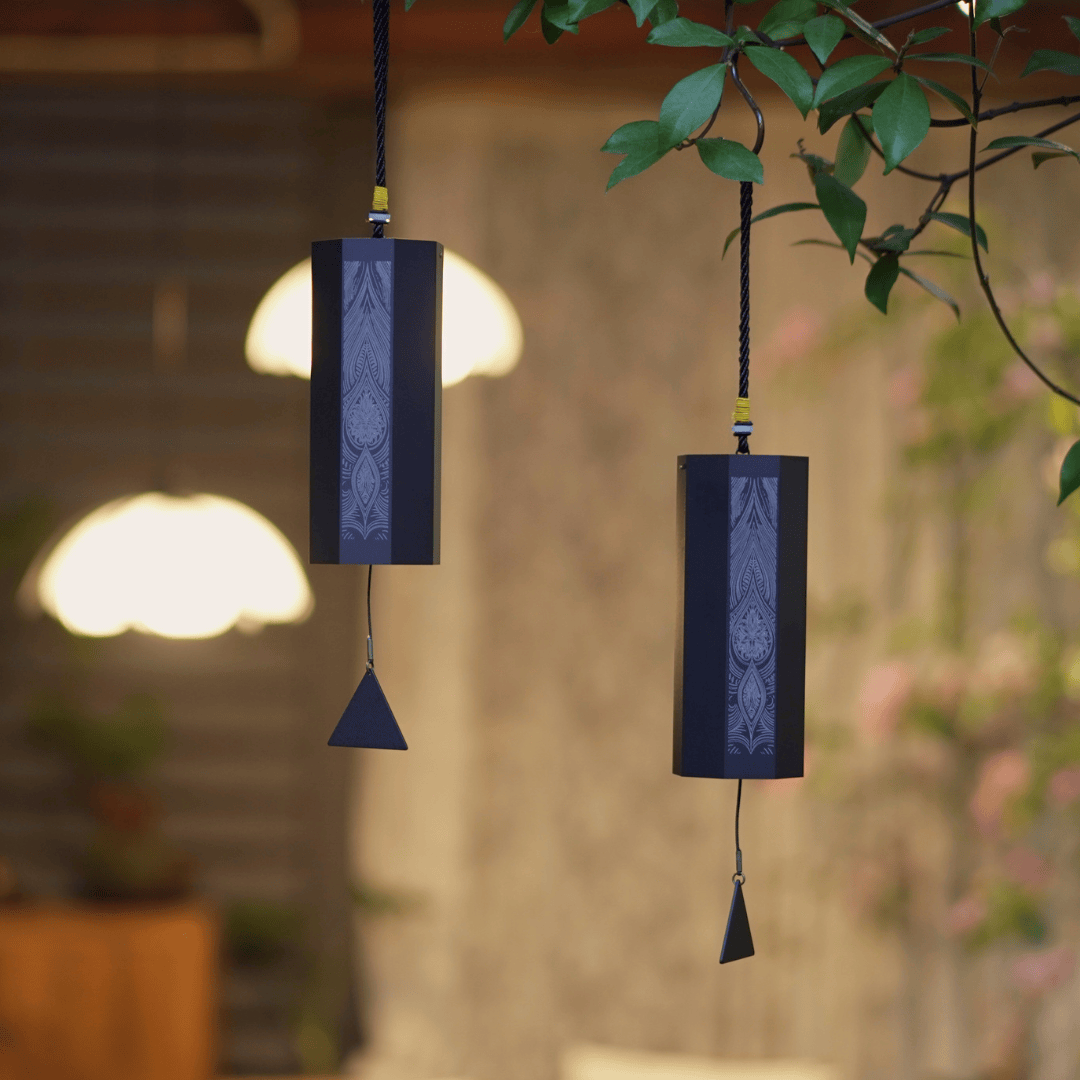 Hluru Octagon Meditation Wind Chime hanging in a peaceful home or yoga space, creating calm ambient sound for relaxation.