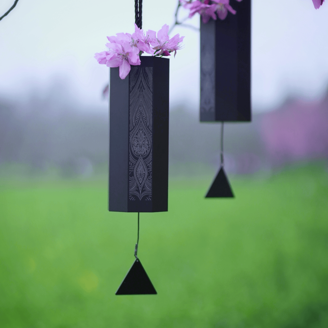 Hluru Octagon Meditation Wind Chime hanging in a peaceful home or yoga space, creating calm ambient sound for relaxation.