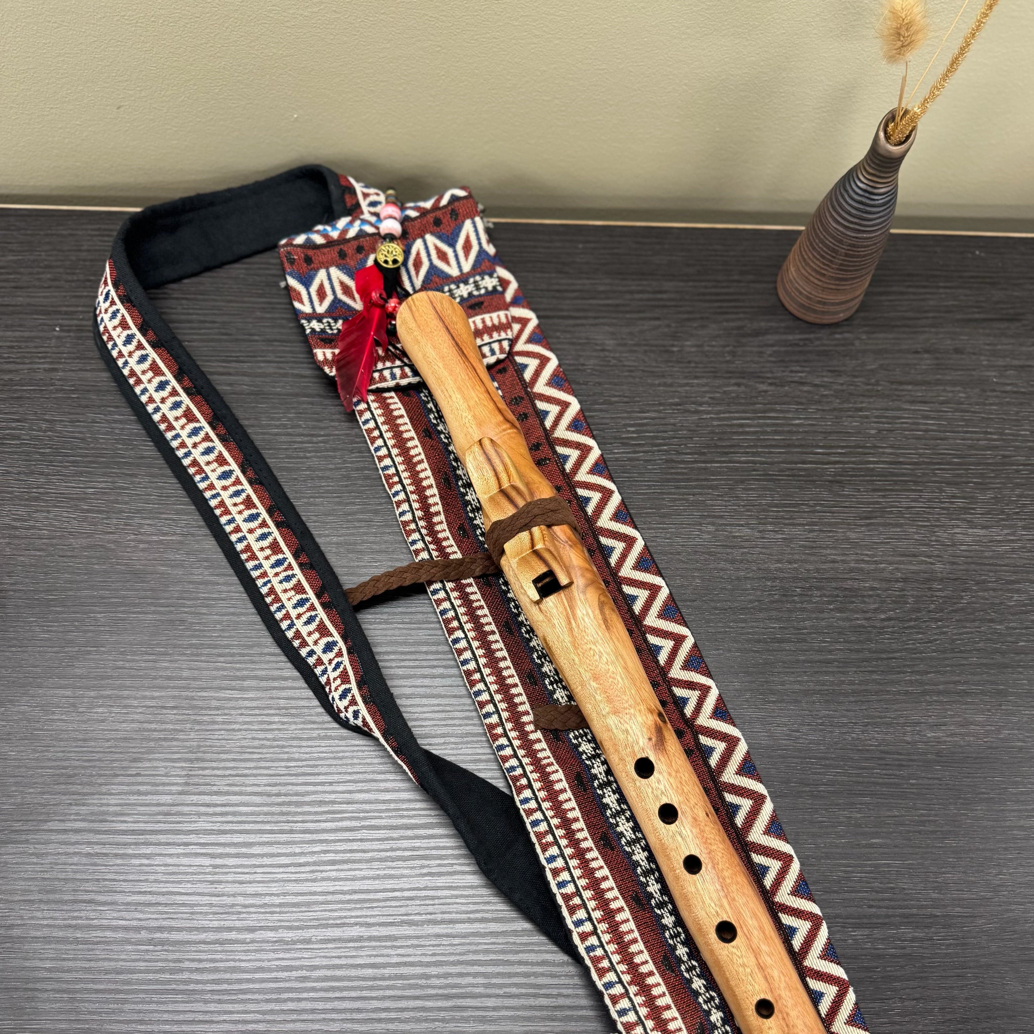 Handmade Australian F# Minor Native Style Flute crafted from Camphor Laurel wood, tuned to 432 Hz with six holes and included colourful handmade bag.