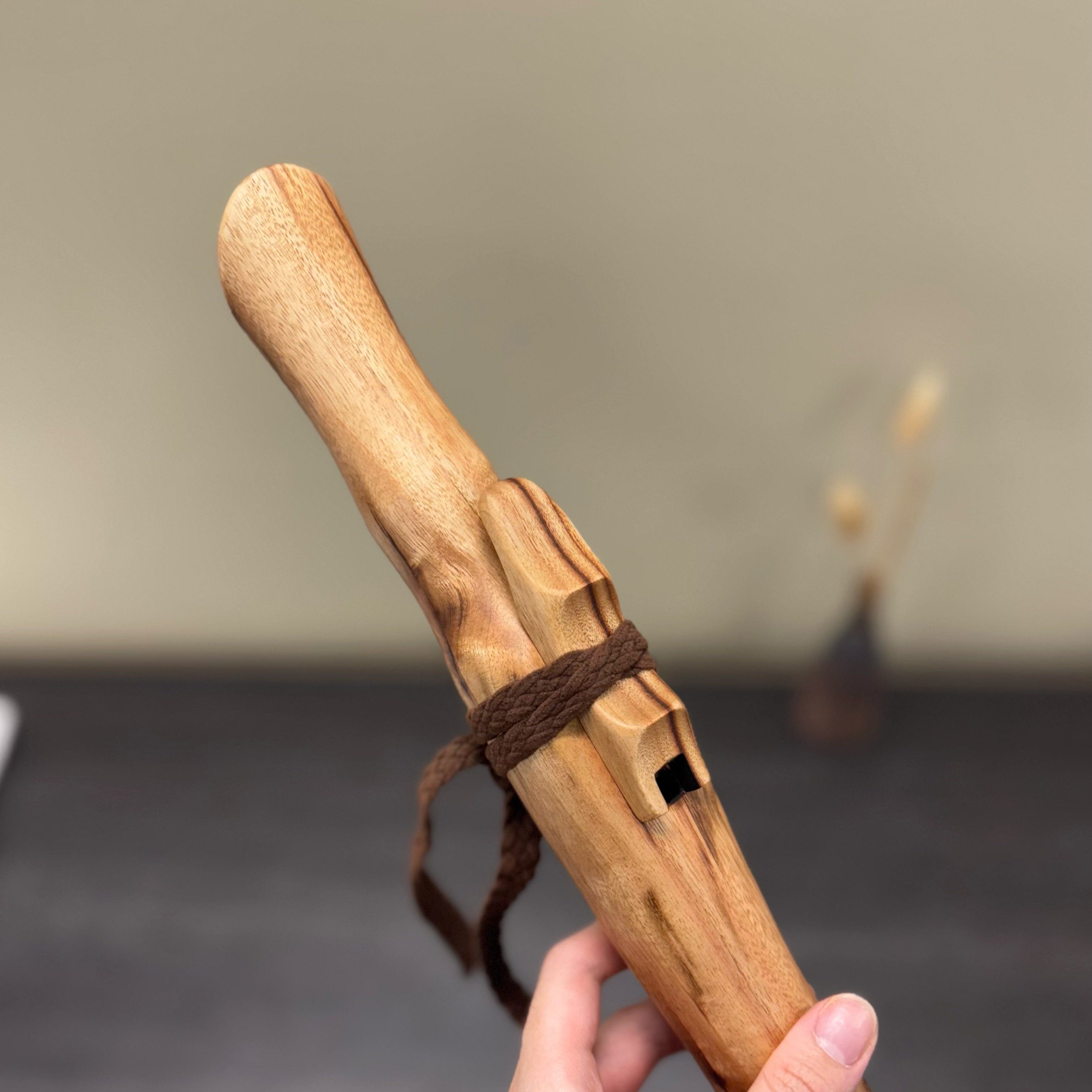 Handmade Australian F# Minor Native Style Flute crafted from Camphor Laurel wood, tuned to 432 Hz with six holes and included colourful handmade bag.