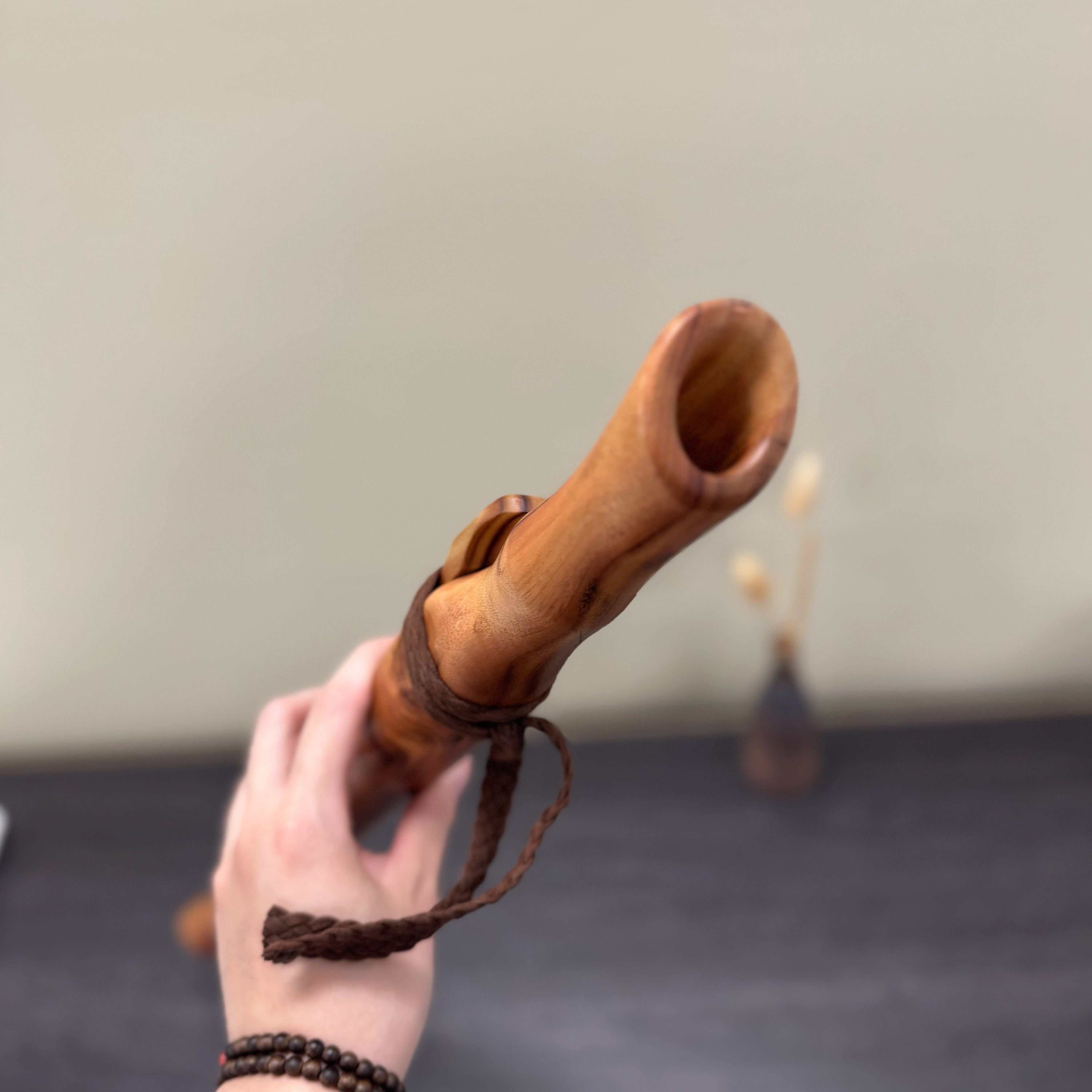 Handmade Australian F# Minor Native Style Flute crafted from Camphor Laurel wood, tuned to 432 Hz with six holes and included colourful handmade bag.