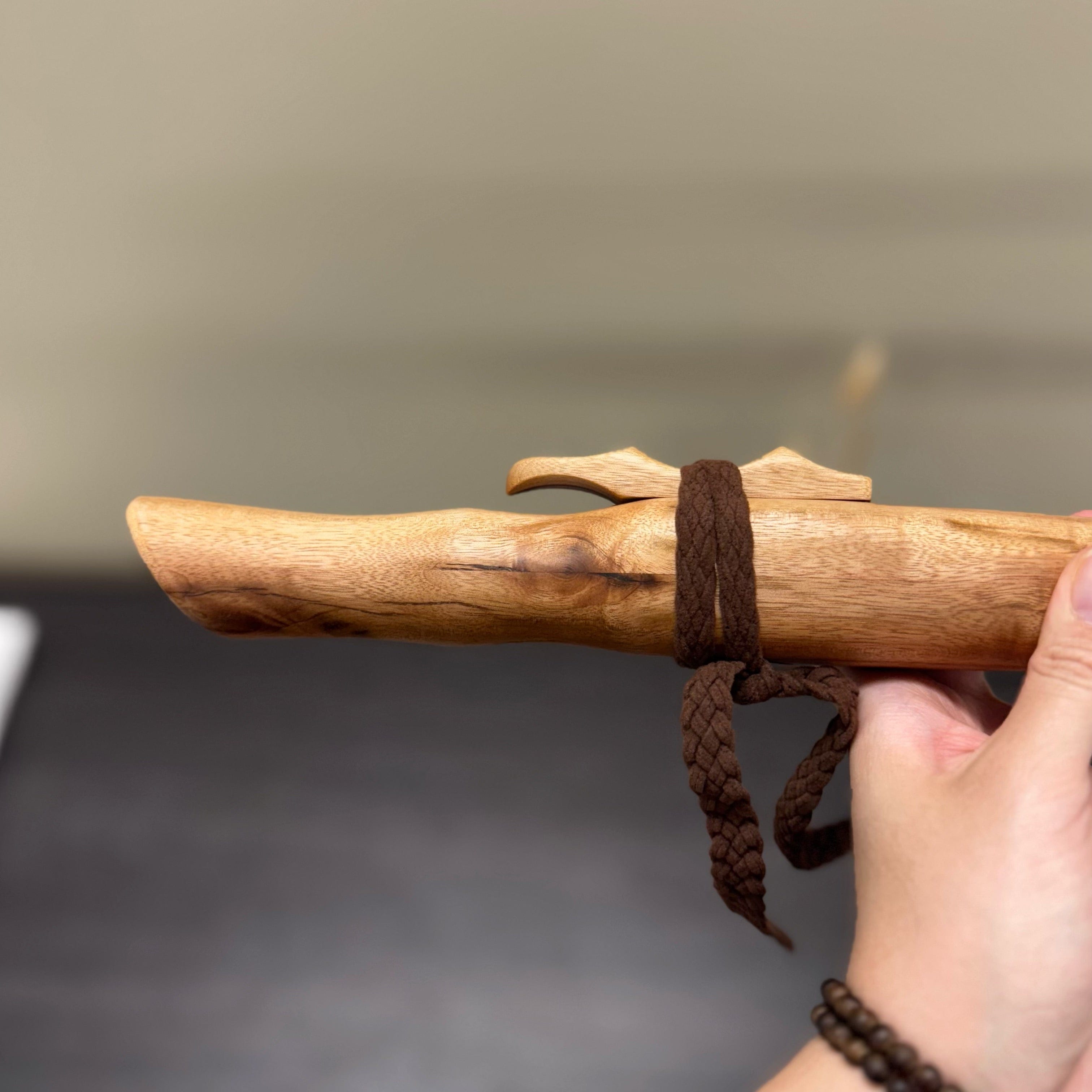 Handmade Australian F# Minor Native Style Flute crafted from Camphor Laurel wood, tuned to 432 Hz with six holes and included colourful handmade bag.