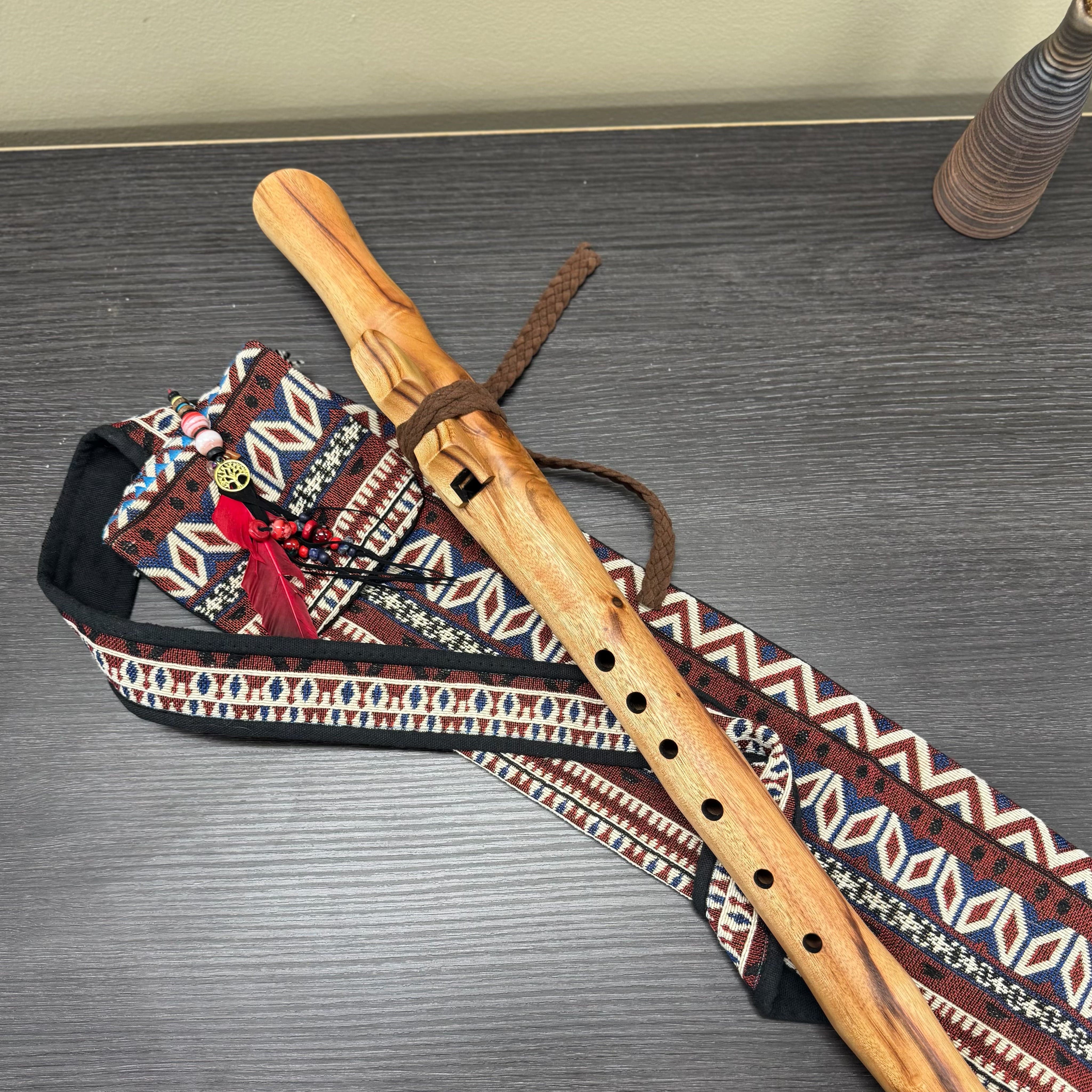 Handmade Australian F# Minor Native Style Flute crafted from Camphor Laurel wood, tuned to 432 Hz with six holes and included colourful handmade bag.
