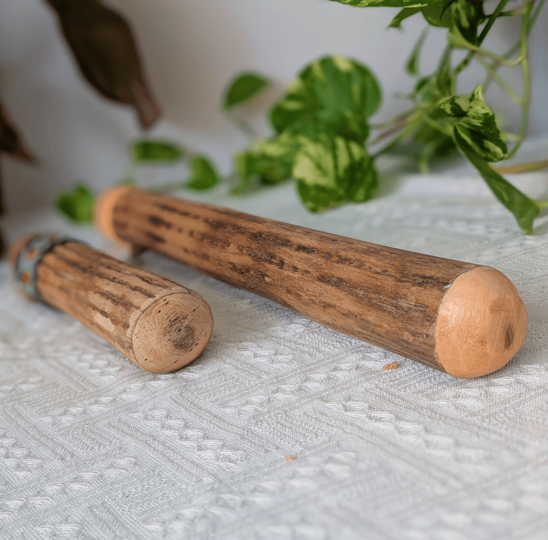 Chilean cactus rainstick handcrafted musical instrument for meditation, relaxation, and sound healing.