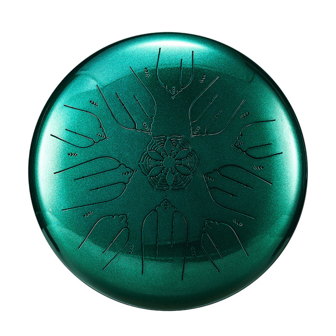 Top view of Hluru EQ Ethereal Drum 10 Notes 12'' B Minor 432Hz in emerald green finish, showing detailed tongue pattern design.