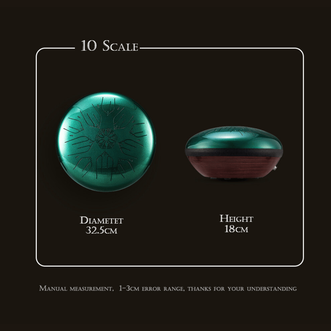 Size chart of Hluru EQ Ethereal Drum showing 32.5cm diameter and 18cm height with emerald green top and wooden base.