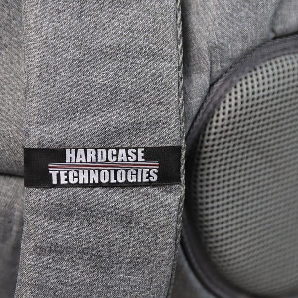 Close-up of the Premium HCT case strap with Hardcase Technologies branding, included with the YULA Handpan 14-Note F# Pygmy for durability and secure transport.