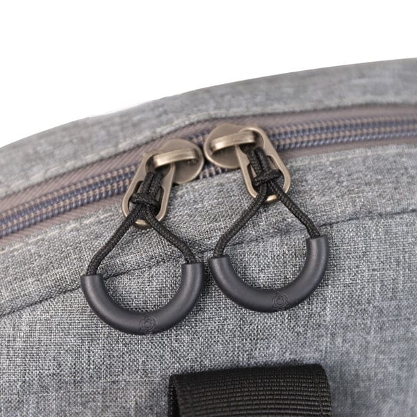 Close-up of durable zipper pulls on the Premium HCT case included with the YULA Handpan 14-Note F# Pygmy, designed for secure closure and travel protection.