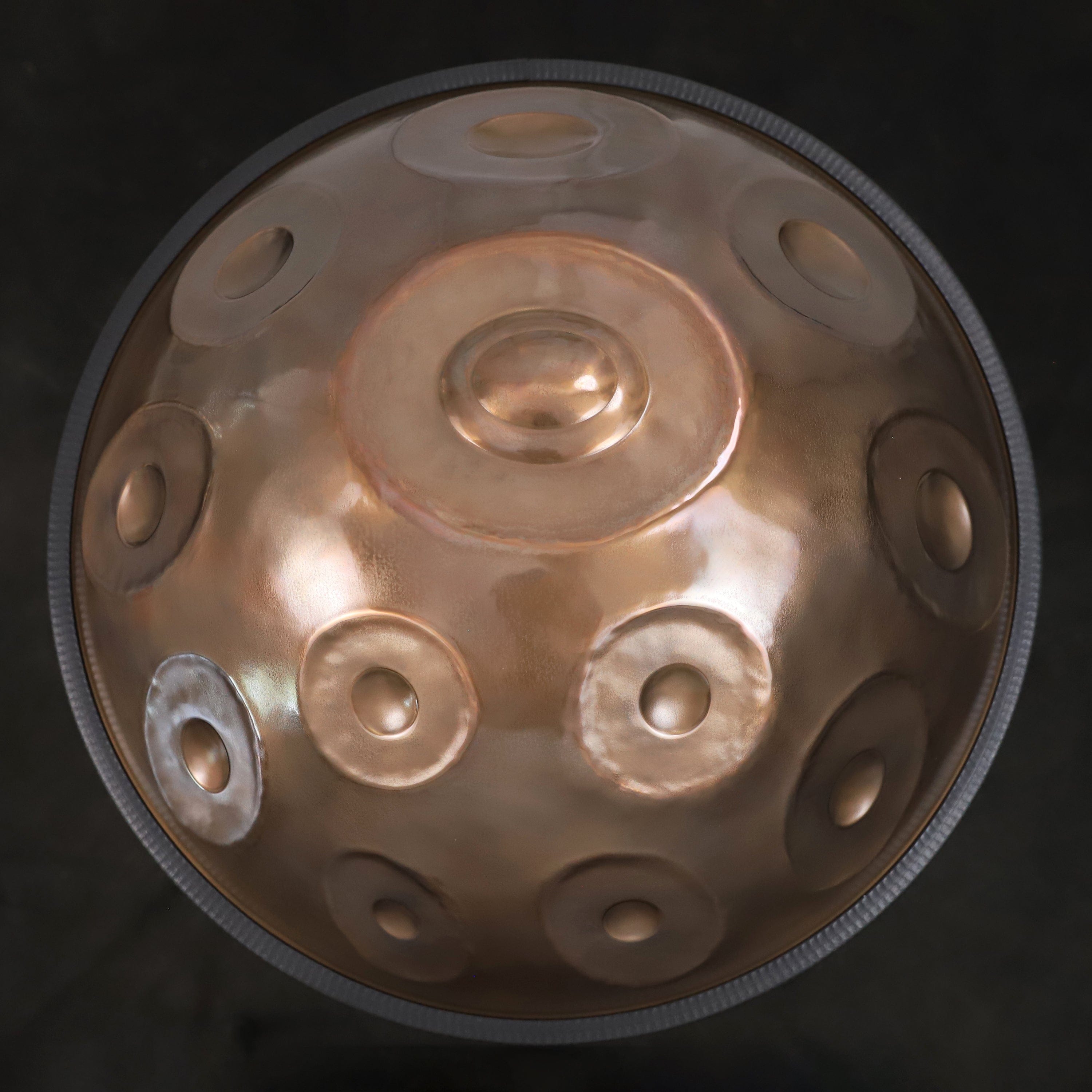 Close-up of the YULA Handpan 14-Note D Kurd in matte dark bronze finish, showing 55cm size and premium build.