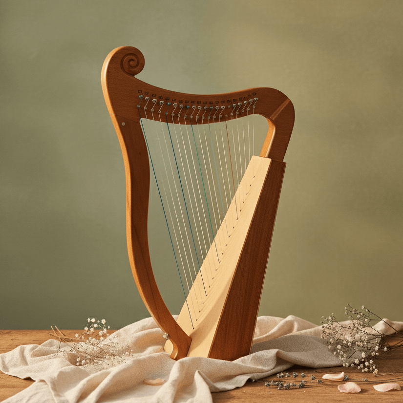 Wooden harp on a wooden table with a soft green background
