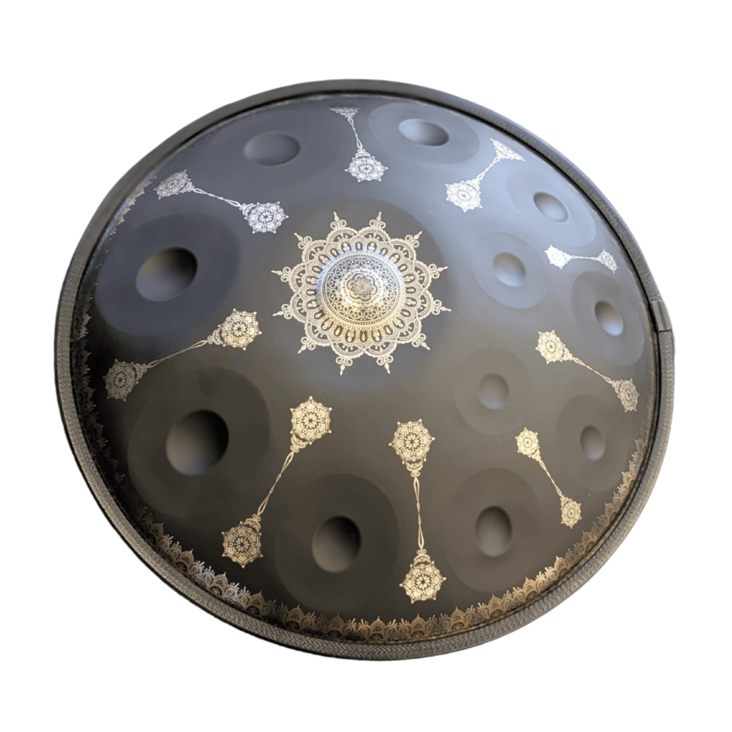 Buy beginner handpan in Australia – 55 cm Mandala Black 10-note D Kurd handpan, 432 Hz tuning, ideal beginner handpan for meditation, music therapy, acoustic performance, and creative expression.