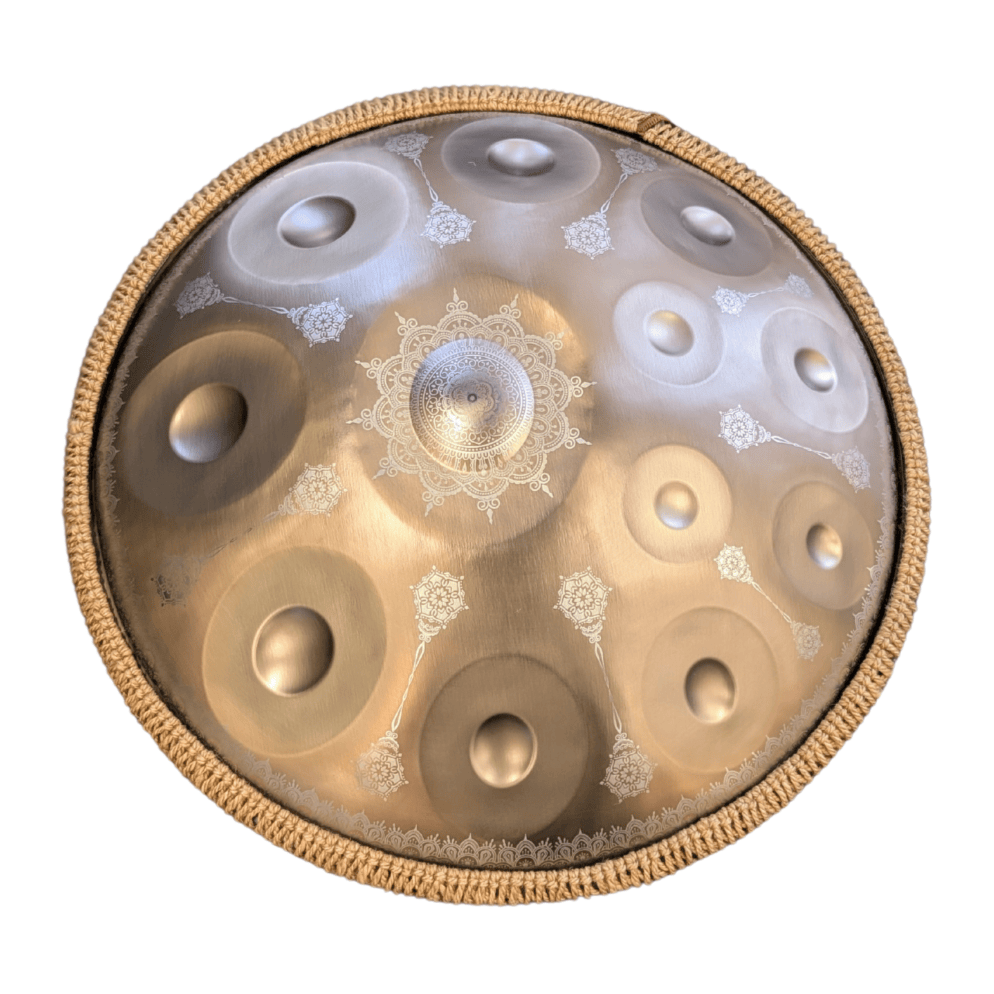 Buy beginner handpan in Australia – 55 cm Mandala 12-note D Kurd handpan, 432 Hz tuning, ideal beginner handpan for meditation, music therapy, acoustic performance, and creative expression.