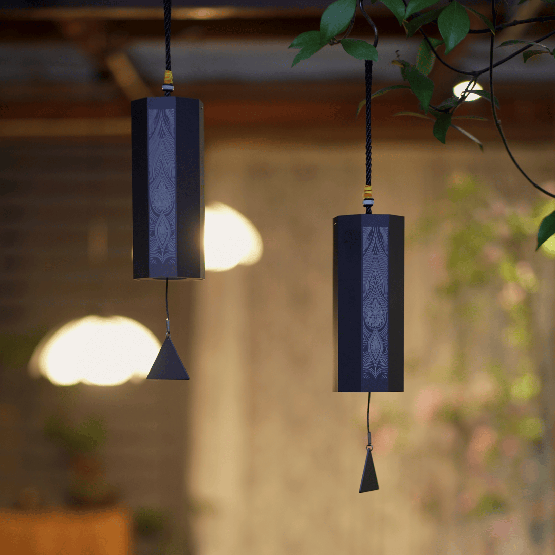 Hluru Octagon Meditation Wind Chime hanging in a peaceful home or yoga space, creating calm ambient sound for relaxation.