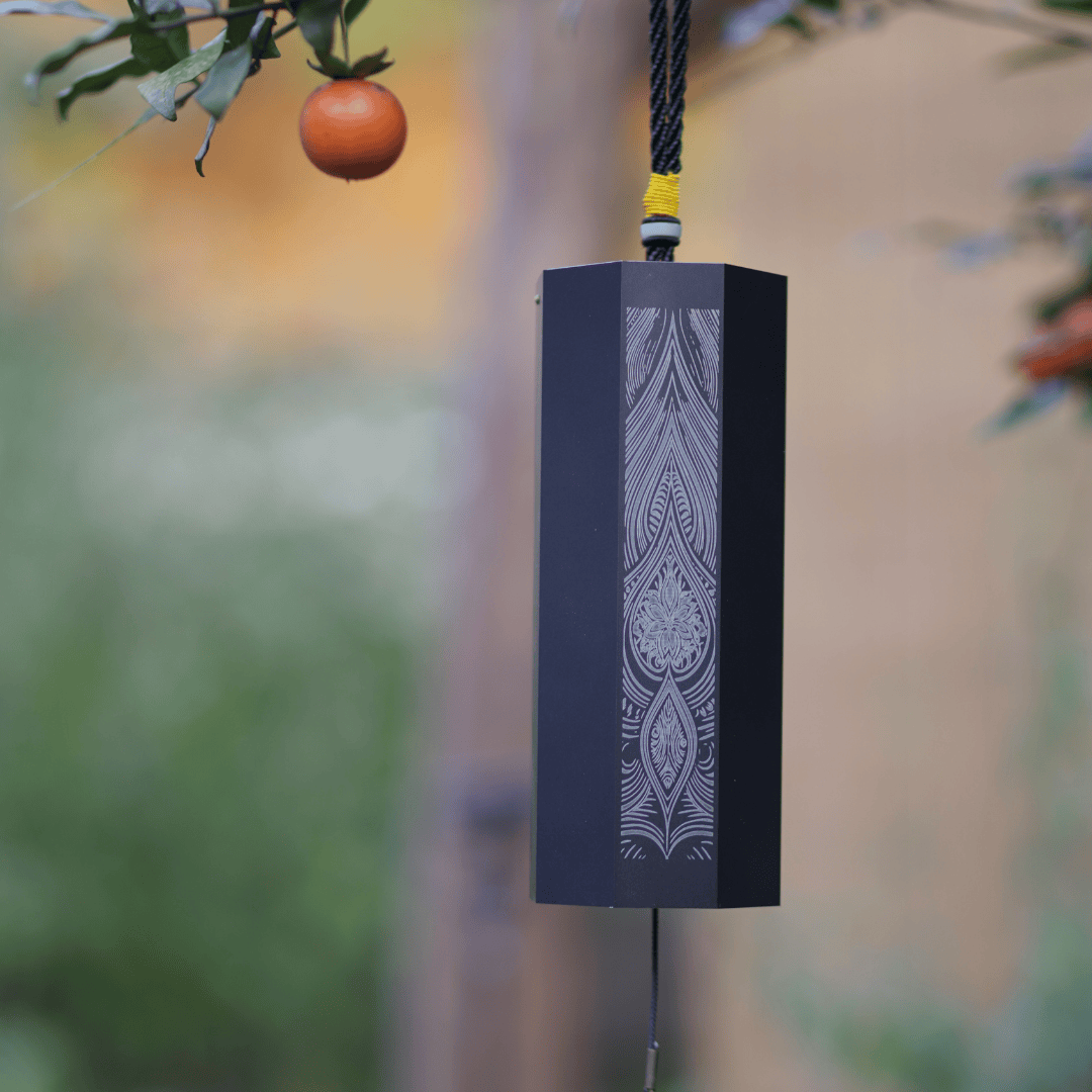 Hluru Octagon Meditation Wind Chime hanging in a peaceful home or yoga space, creating calm ambient sound for relaxation.