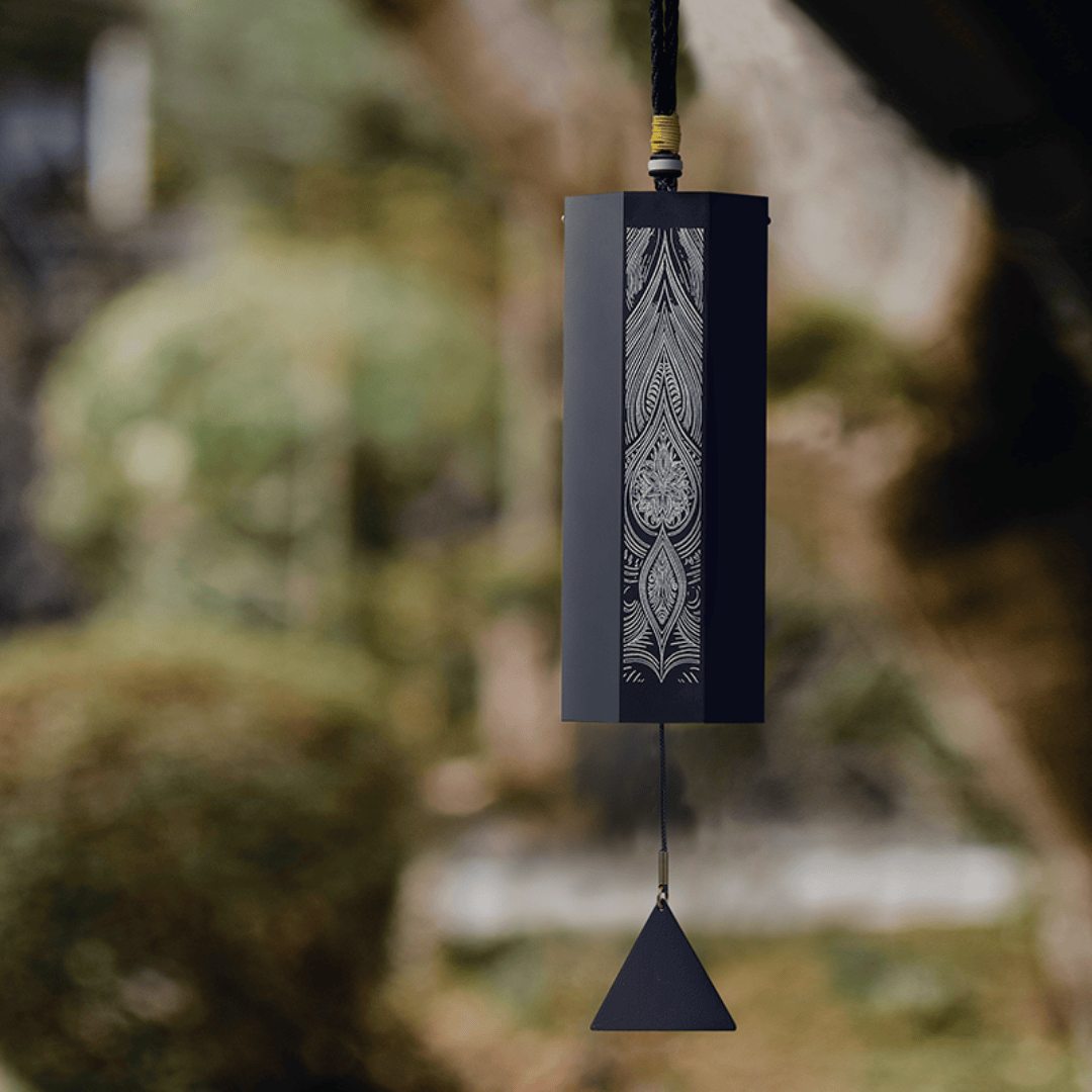 Hluru Octagon Meditation Wind Chime hanging in a peaceful home or yoga space, creating calm ambient sound for relaxation.