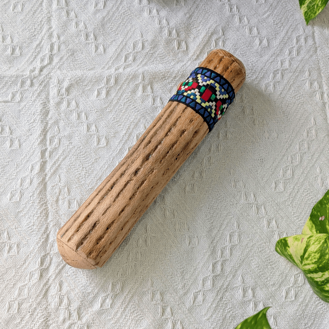 Chilean cactus rainstick handcrafted musical instrument for meditation, relaxation, and sound healing.