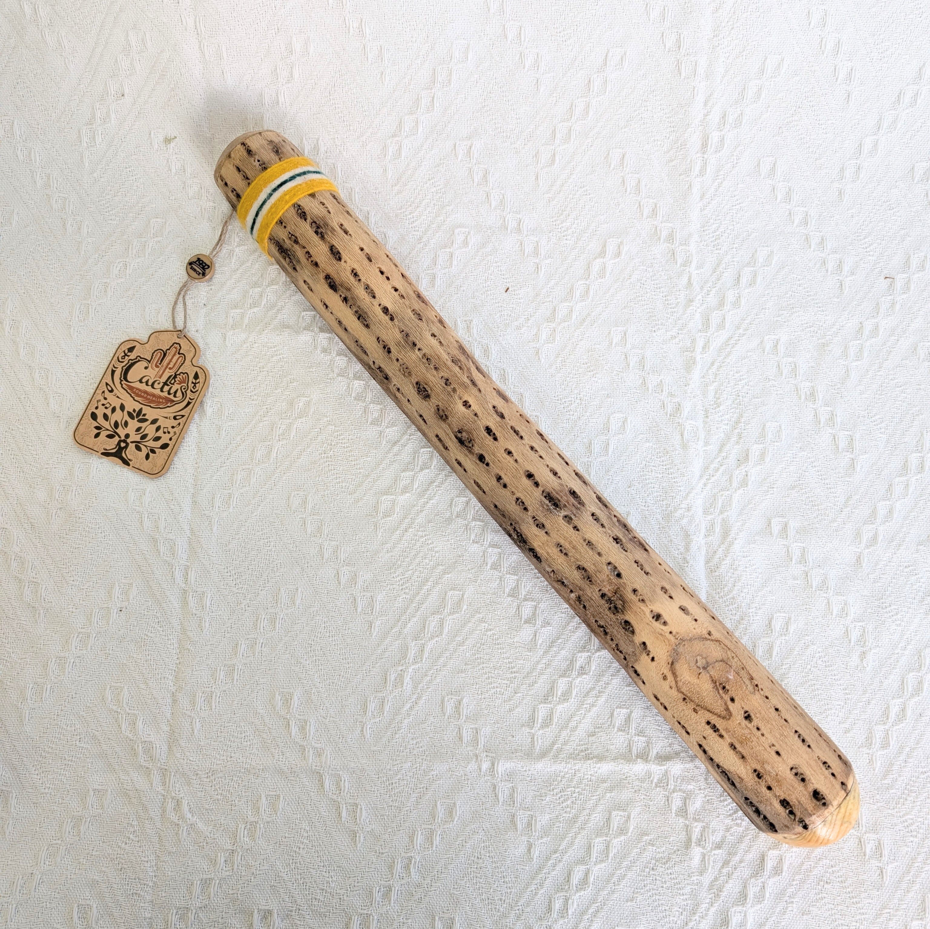 Chilean cactus rainstick handcrafted musical instrument for meditation, relaxation, and sound healing.