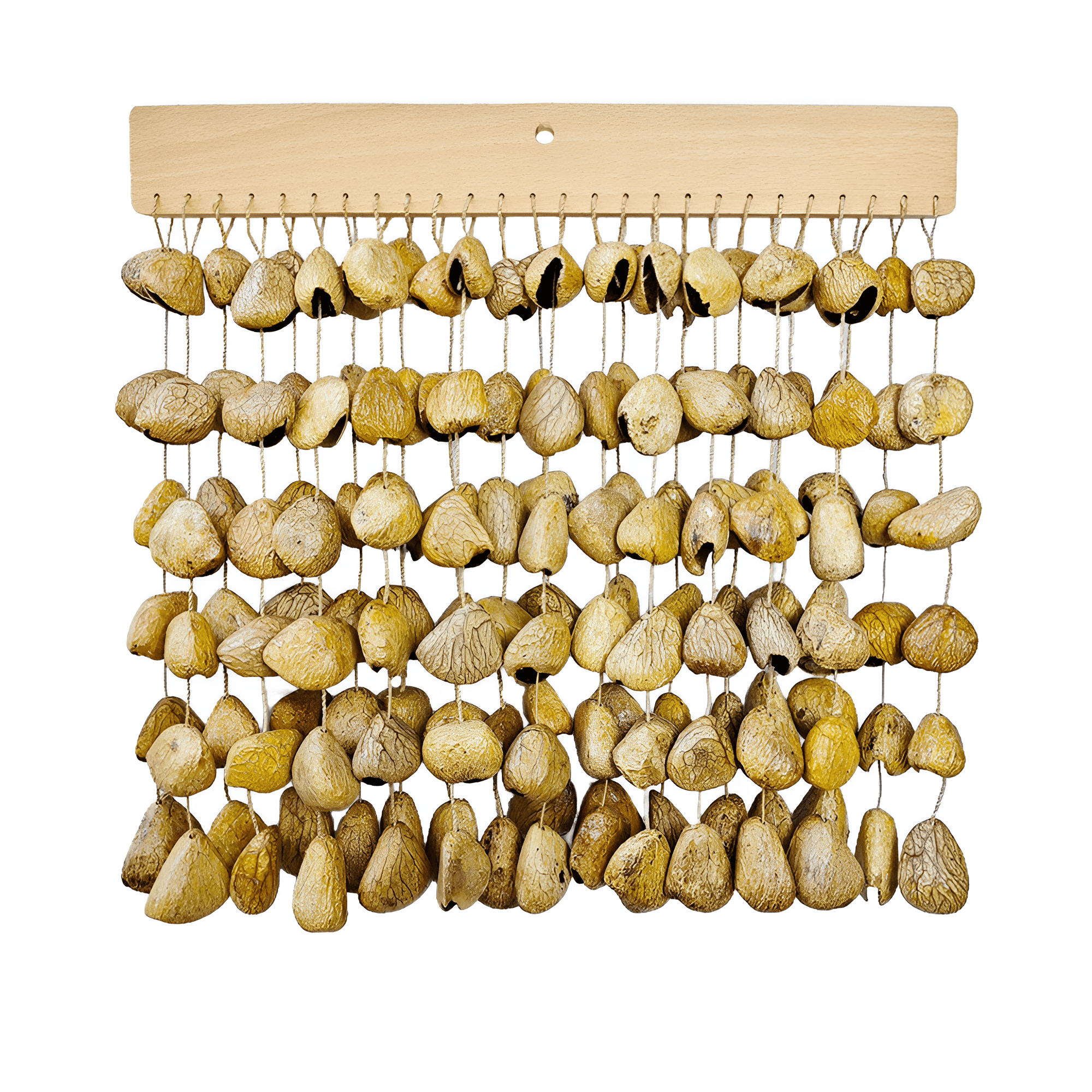 Panji Seed Pod Wind Chimes handmade in Indonesia from natural black seed pods – eco-friendly wall hanging instrument.