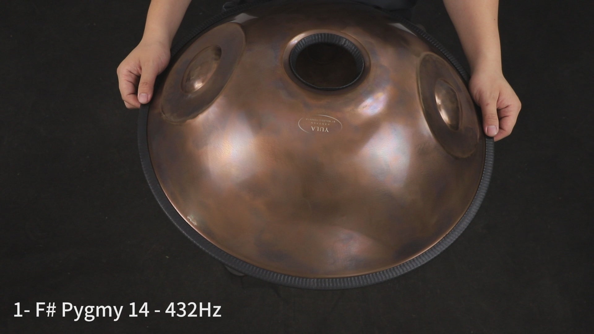 Video of the YULA Handpan 14-Note F# Pygmy being played, demonstrating its grounding, hypnotic sound and wide tonal range.