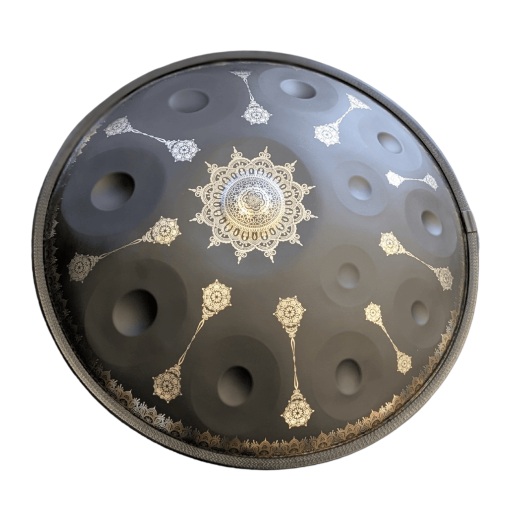 Buy beginner handpan in Australia – 55 cm Mandala Black 10-note D Kurd handpan, 432 Hz tuning, ideal beginner handpan for meditation, music therapy, acoustic performance, and creative expression.
