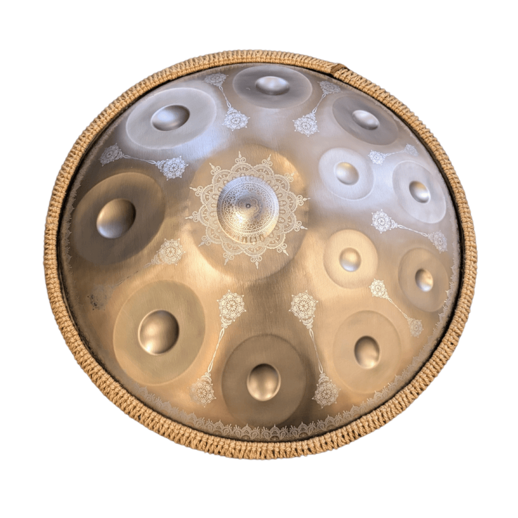 Buy beginner handpan in Australia – 55 cm Mandala 12-note D Kurd handpan, 432 Hz tuning, ideal beginner handpan for meditation, music therapy, acoustic performance, and creative expression.
